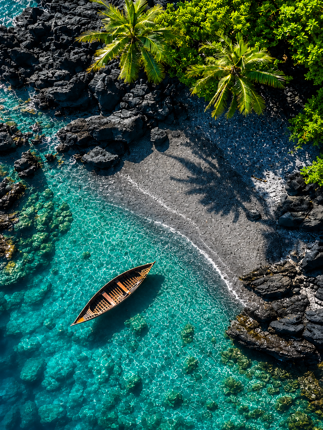 A secluded tropical shoreline viewed from above